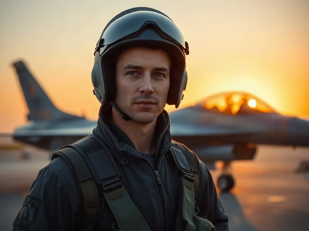 Pilot F-16 w pełnym umundurowaniu na płycie lotniska o zachodzie słońca, z myśliwcem w tle.