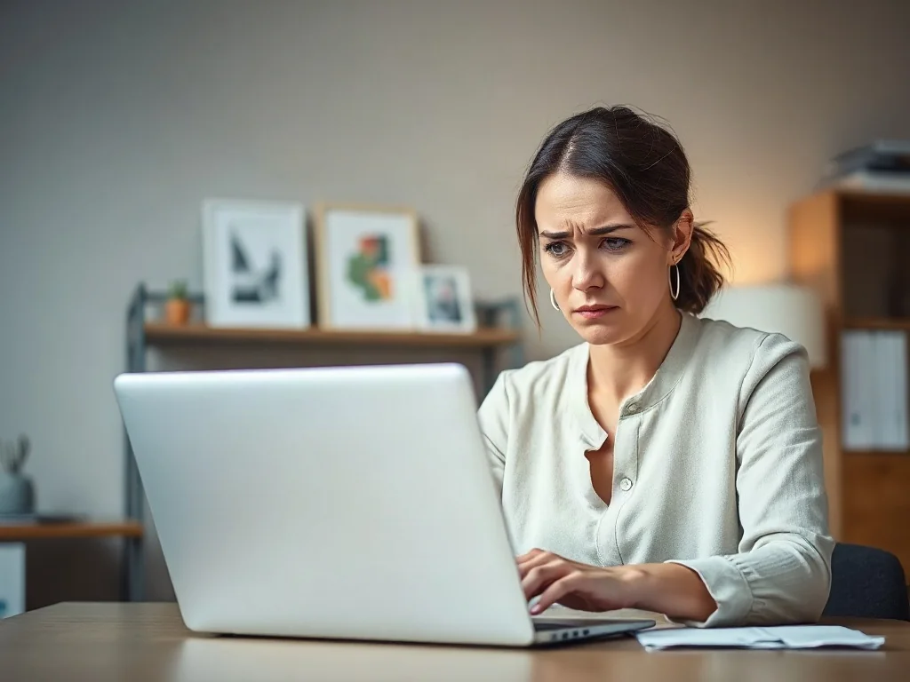 Zaniepokojona kobieta siedząca przy laptopie w domowym biurze, ilustrująca problem oszustw finansowych.