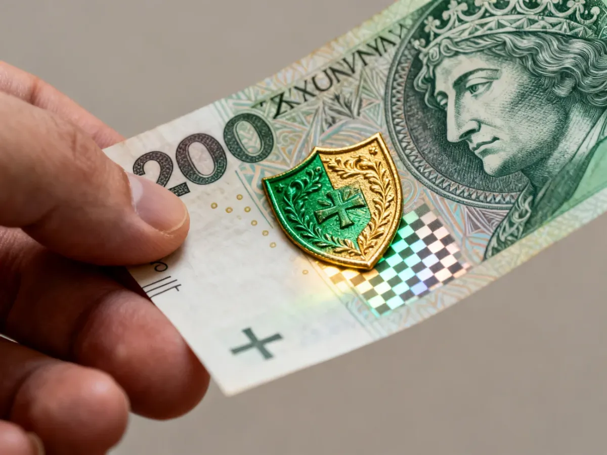 Przechylany banknot 200 zł z tarczą zmieniającą kolor