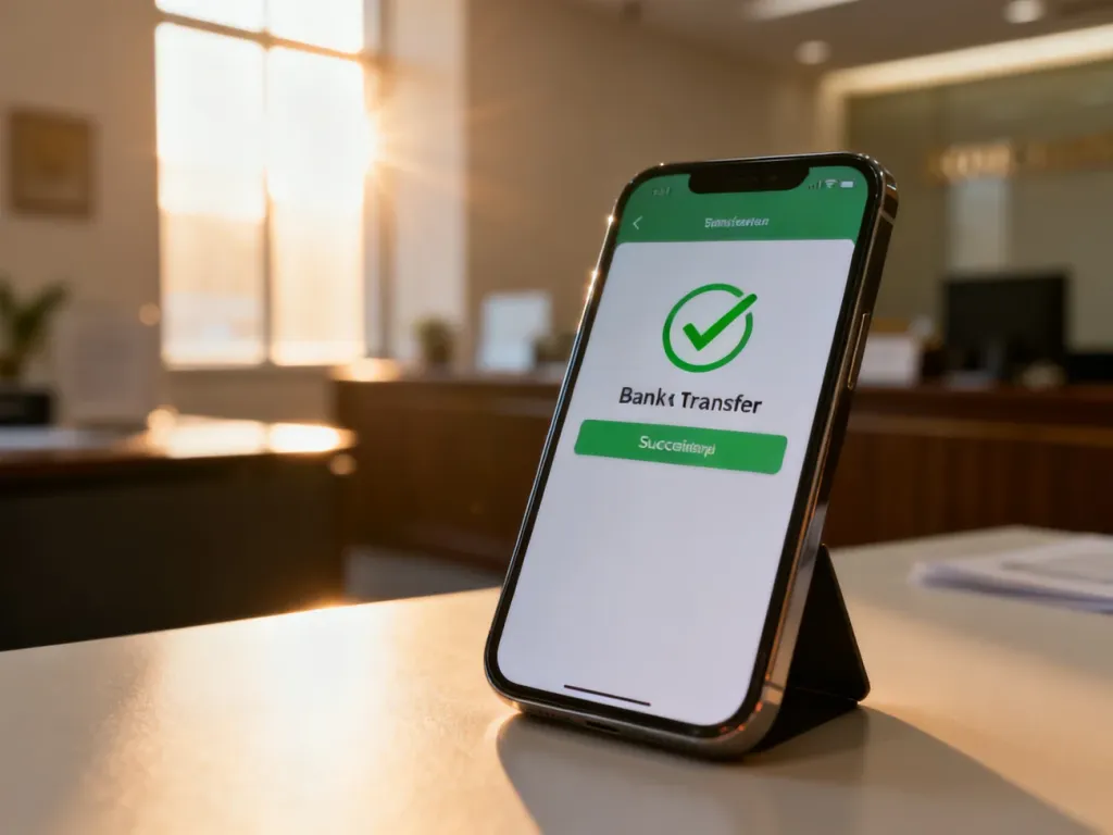 Ekran smartfona z powiadomieniem o pomyślnym wykonaniu przelewu bankowego w nowoczesnym wnętrzu.