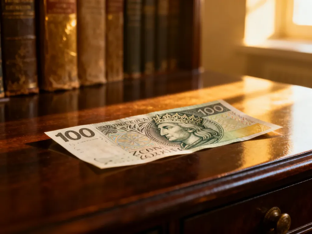 Zbliżenie na portret króla na banknocie 100 złotych, leżącym na drewnianym biurku w świetle poranka.