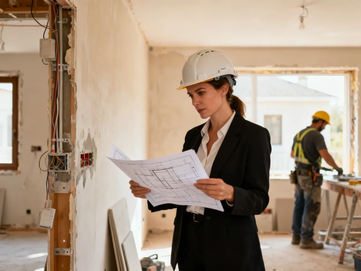 Projektant wnętrz konsultujący prace na placu budowy