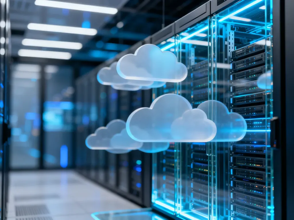 Nowoczesny serwer z cyfrowymi chmurami w centrum danych, symbolizujący technologię cloud computing w biznesie.