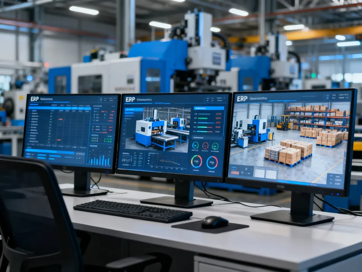 Centrum kontroli produkcji z monitorami przedstawiającymi zintegrowane dane ERP