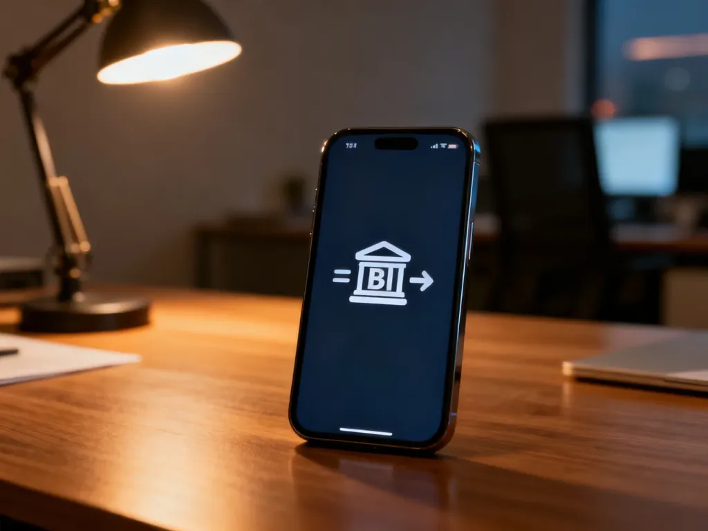 Smartfon z ikoną przelewu bankowego na ekranie, leżący na drewnianym biurku w wieczornym oświetleniu.