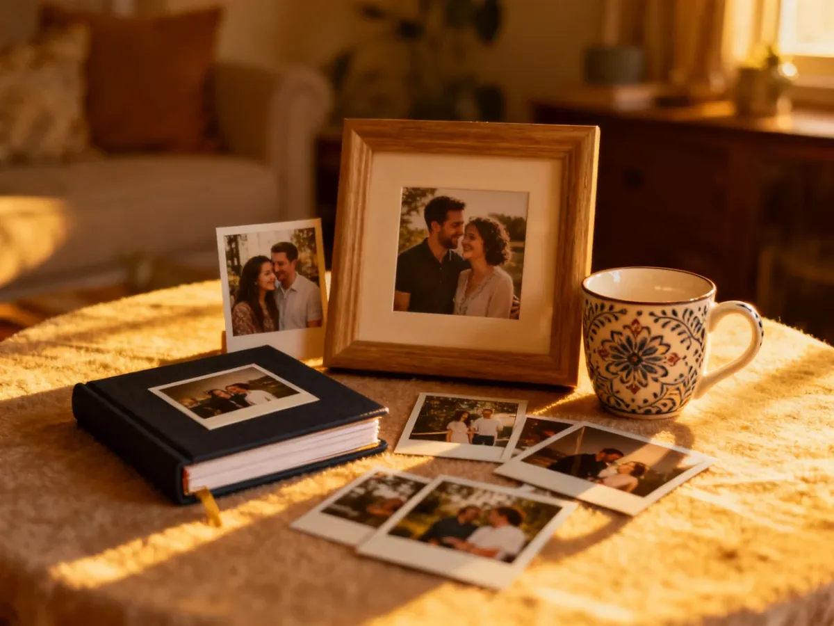 Album, fotografie i ramka tworzące sentymentalny fotoprezent