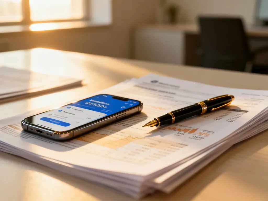 Smartfon z aplikacją bankową i pióro na dokumentach finansowych w słonecznym biurze, symbolizujące proces płatności podatku.