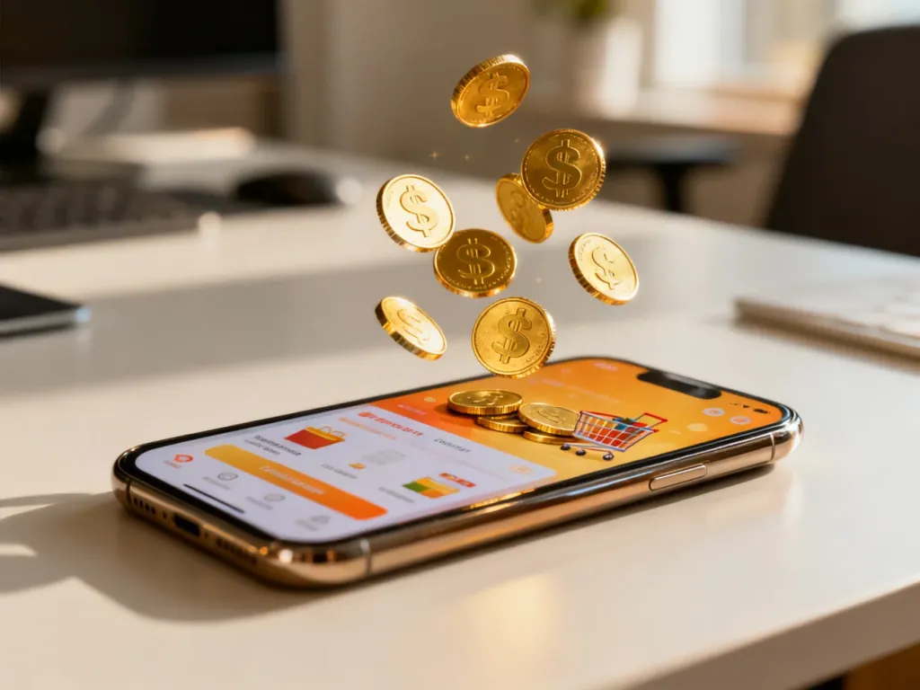 Złote monety unoszące się nad ekranem smartfona z aplikacją zakupową, symbolizujące system lojalnościowy na AliExpress.