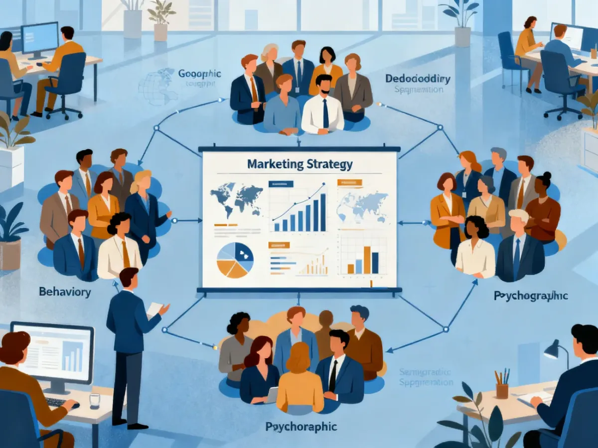 Różnorodne segmenty klientów przedstawione jako połączone grupy wokół strategii marketingowej