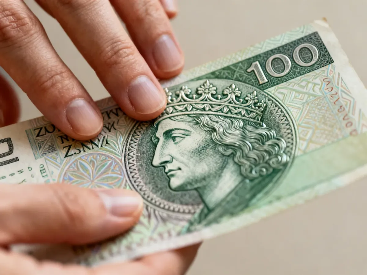 Dłonie sprawdzające wypukłości na banknocie 100 zł
