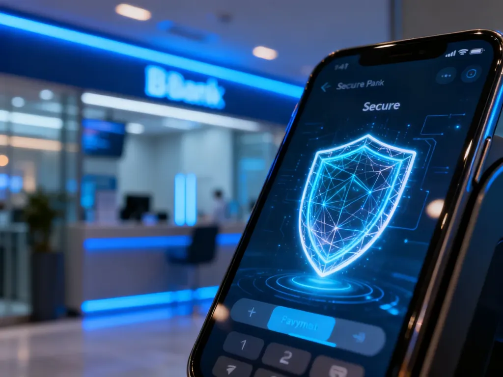 Ekran smartfona z ikoną tarczy symbolizującą bezpieczne płatności cyfrowe w nowoczesnym, bankowym otoczeniu.
