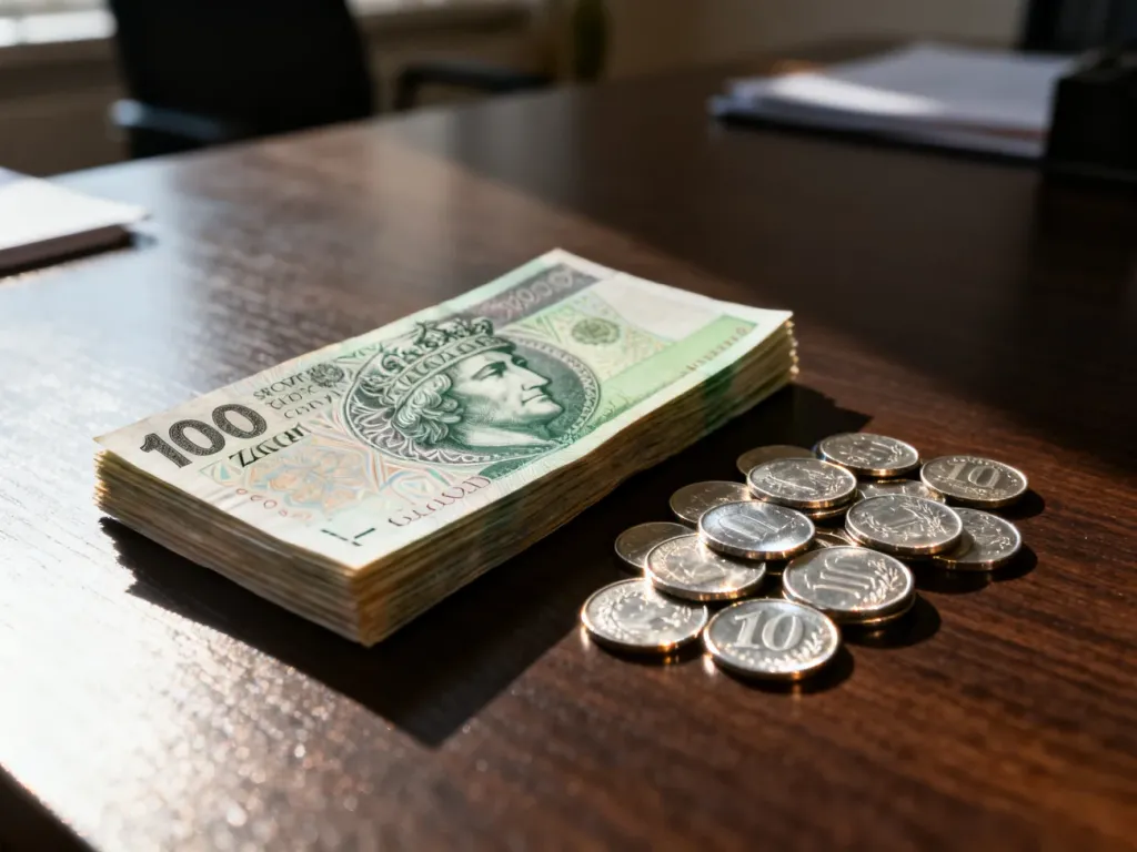 Stos banknotów o nominale 100 zł oraz monety leżące na drewnianym stole w świetle poranka.