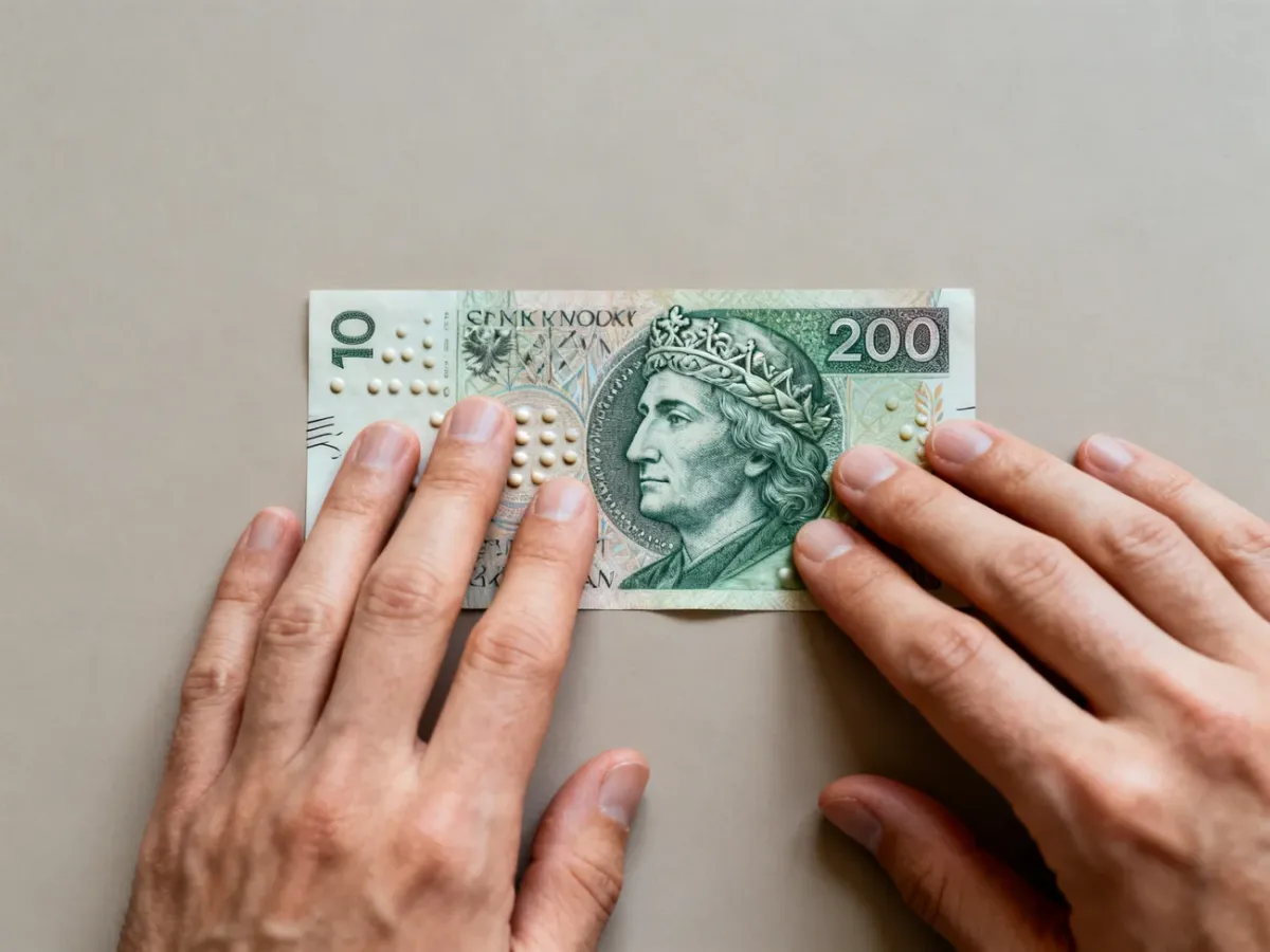 Dotykanie wypukłych zabezpieczeń banknotu 200 zł