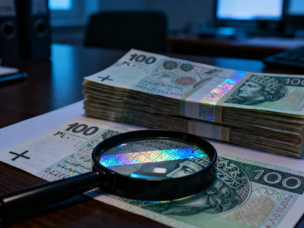 Lupa leżąca na stosie banknotów 100 zł, ukazująca detale zabezpieczeń i znak wodny w celu weryfikacji autentyczności pieniędzy.