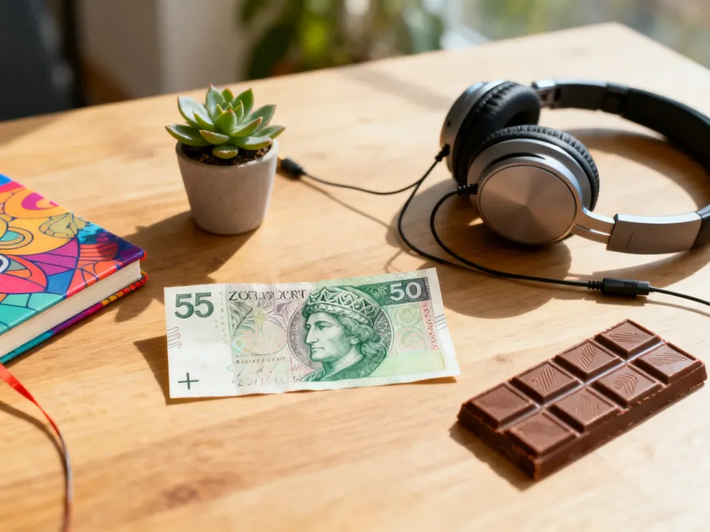 Banknot 50 zł leżący na drewnianym stole w otoczeniu drobnych przedmiotów, takich jak notatnik, słuchawki i czekolada.