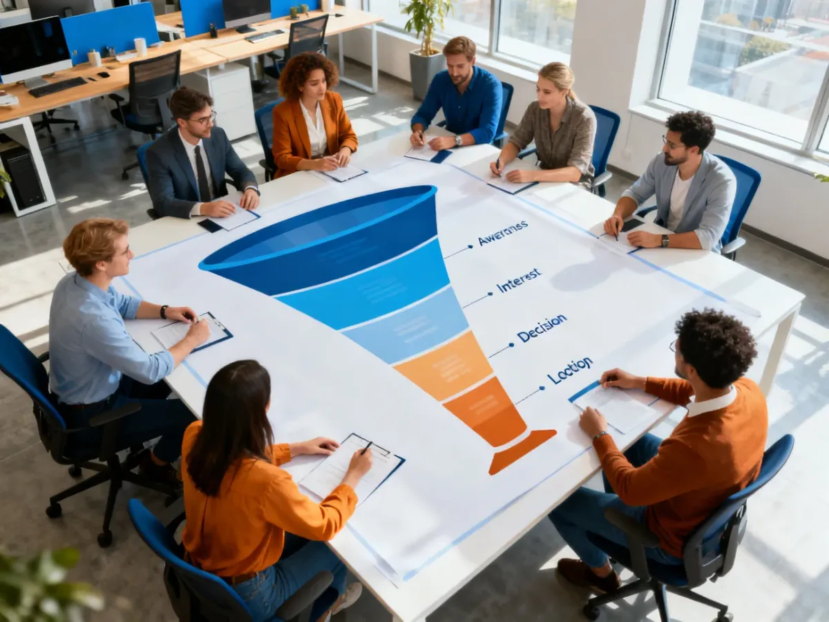 Zespół marketingowy analizujący kolejne etapy lejka konwersji
