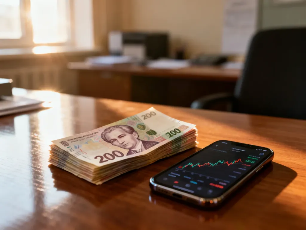 Stos banknotów 200 hrywien obok smartfona z aplikacją do wymiany walut na tle biurowego wnętrza.