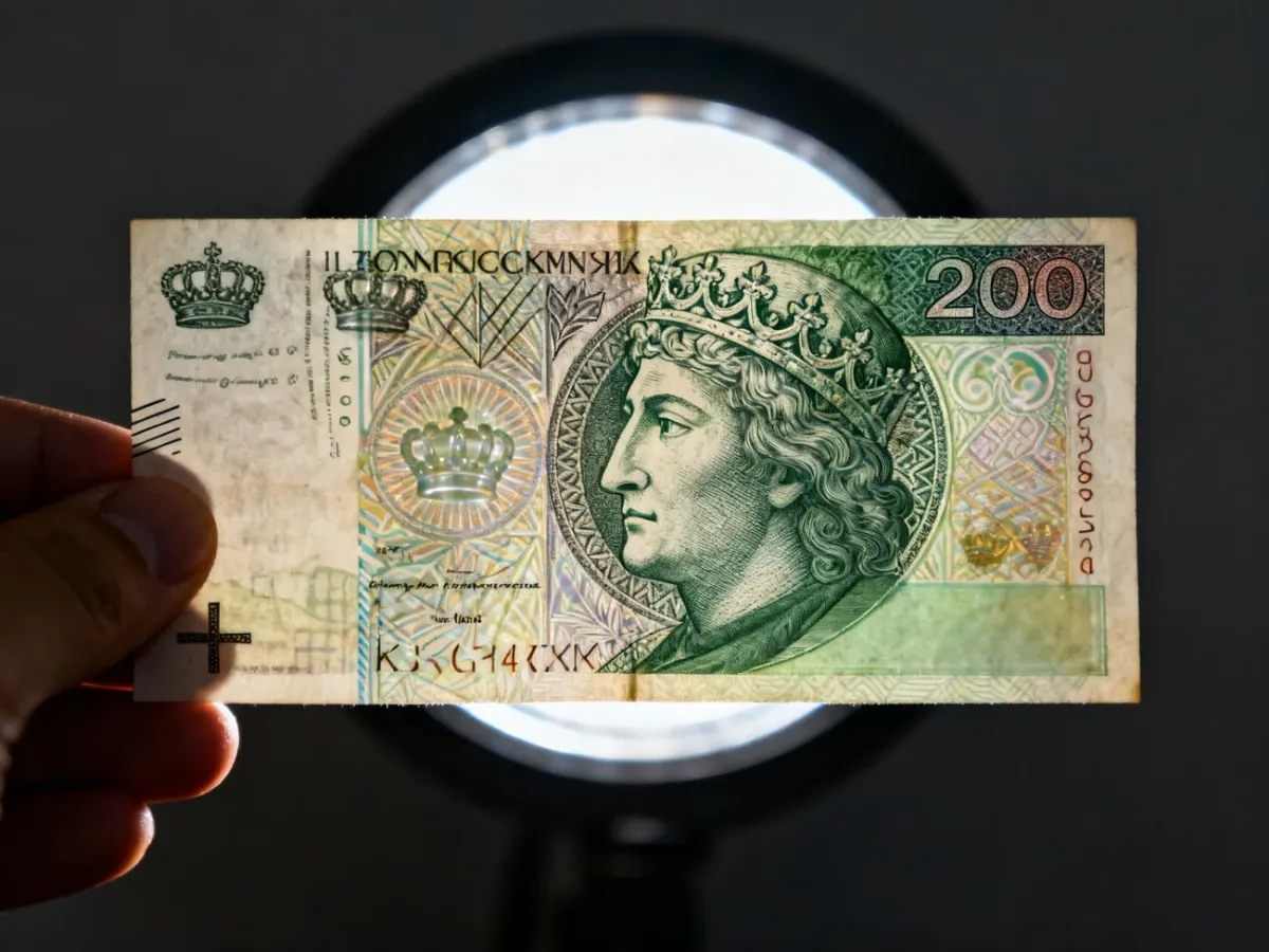 Banknot 200 zł oglądany pod światło z widocznymi zabezpieczeniami