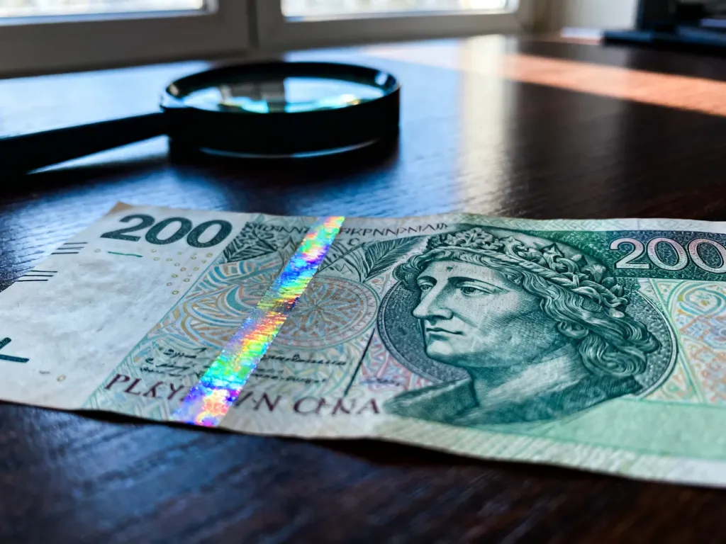 Zbliżenie na hologram i znak wodny banknotu 200 zł oraz lupę, ilustrujące proces weryfikacji autentyczności pieniędzy.