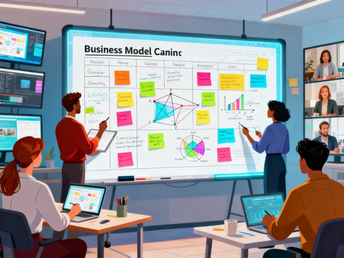 Zespół współpracujący przy wirtualnej tablicy Business Model Canvas