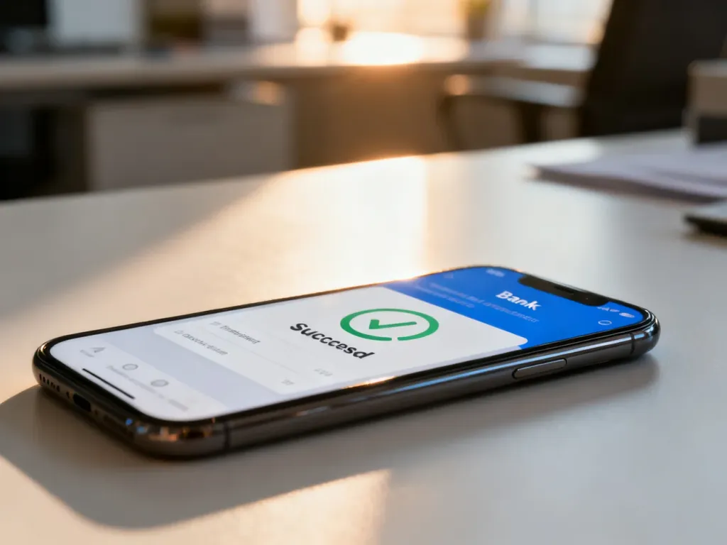Smartfon z otwartą aplikacją bankową potwierdzającą udany przelew na tle nowoczesnego biura.