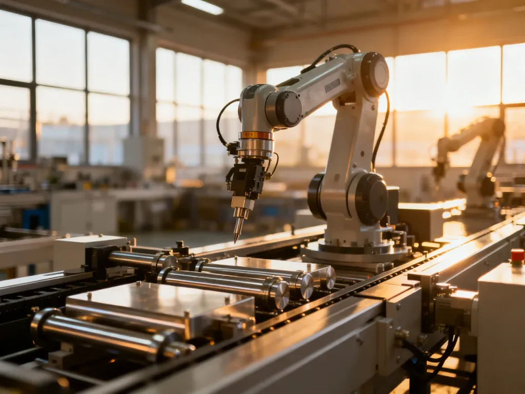 Nowoczesna linia produkcyjna z ramionami mechanicznymi w słonecznej hali fabrycznej, symbolizująca precyzję i proces wytwórczy.