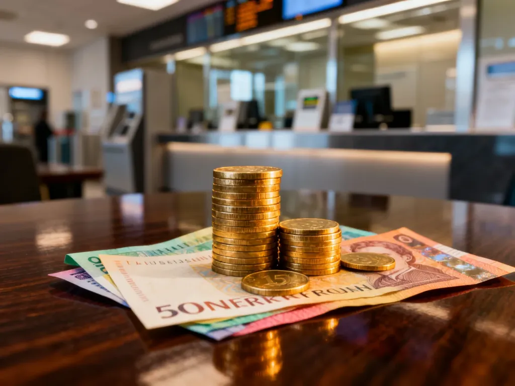 Stos monet i banknotów korony duńskiej na drewnianym stole w kantorze. Ilustracja przelicznika walut.