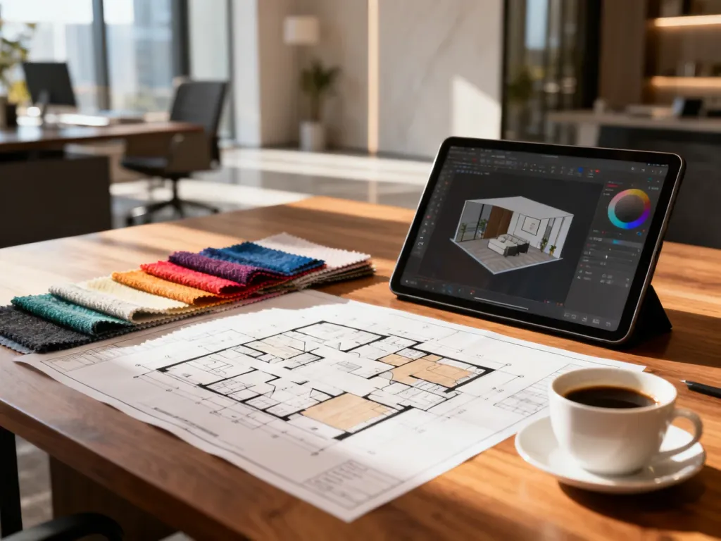 Biurko architekta wnętrz z planem budynku, próbkami tkanin, tabletem z projektem 3D i kawą w słonecznym biurze.