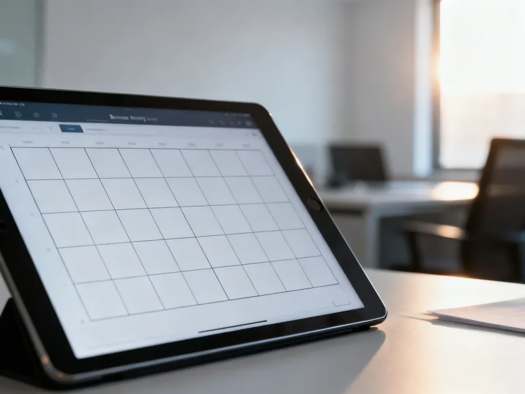 Tablet z pustym szablonem business canvas na tle nowoczesnego biura, gotowy do planowania strategii biznesowej.