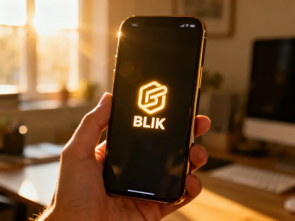 Smartfon z otwartą aplikacją bankową i widocznym logo BLIK w przytulnym, domowym wnętrzu.