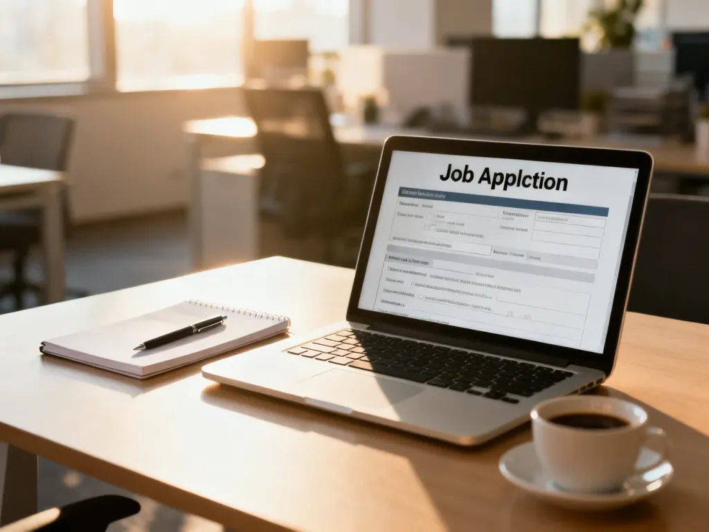 Nowoczesne biurko z laptopem, na którym wyświetlany jest formularz aplikacyjny, sprzyjające wypełnianiu CV.