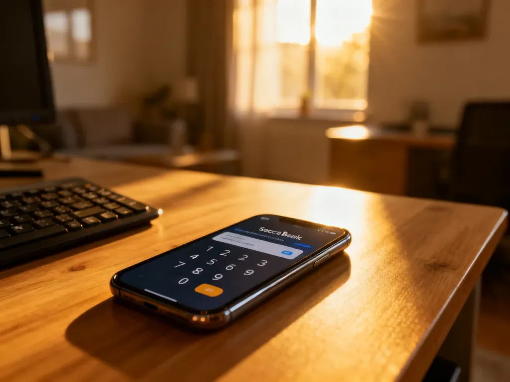Smartfon z otwartą aplikacją bankową na drewnianym biurku, symbolizujący bezpieczne zarządzanie ustawieniami konta.