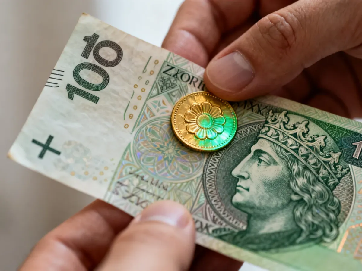 Przechylany banknot 100 zł z rozetą zmieniającą kolor