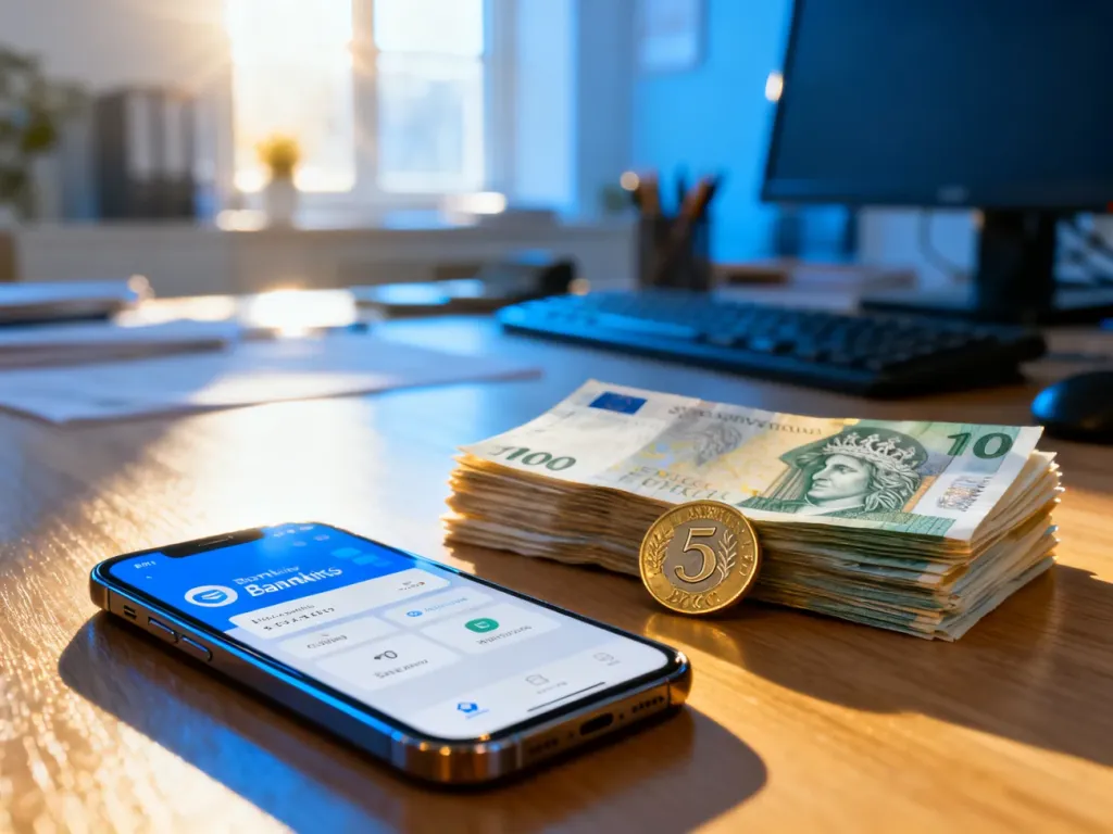 Smartfon z aplikacją bankową oraz banknoty euro i moneta złotego na drewnianym biurku, symbolizujące przelew międzynarodowy.
