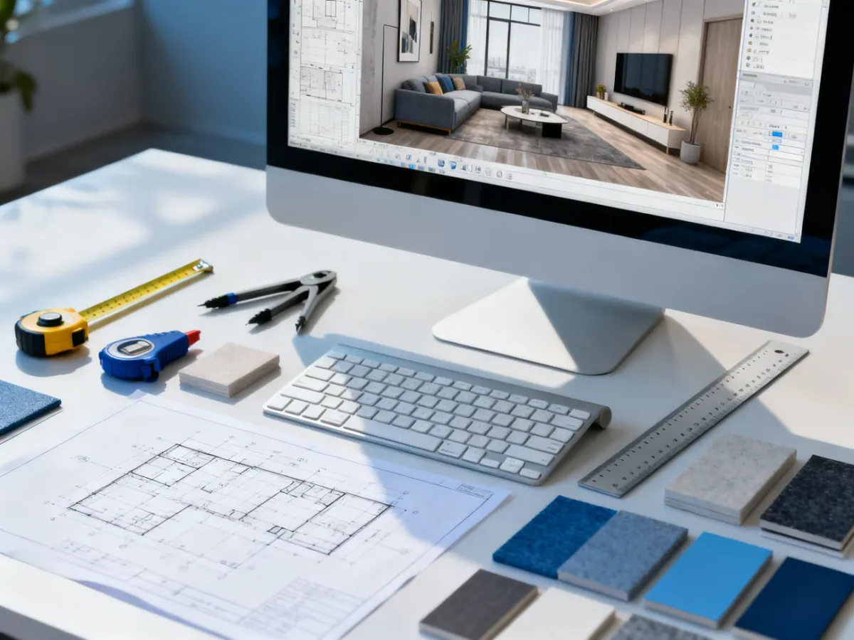 Stanowisko projektanta wnętrz z modelem 3D, rysunkami technicznymi i próbkami materiałów