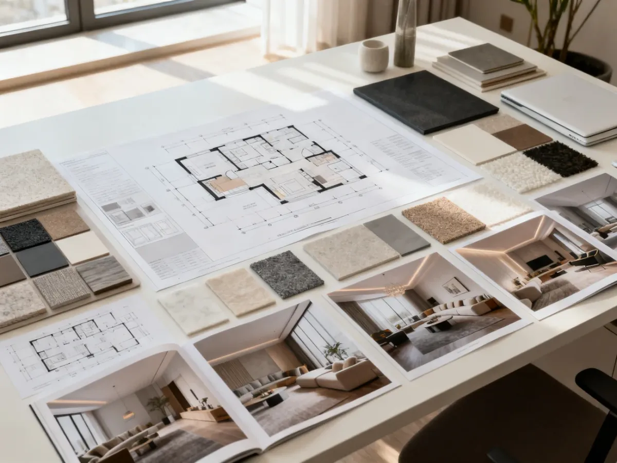 Portfolio projektanta wnętrz z rzutami, moodboardami i wizualizacjami