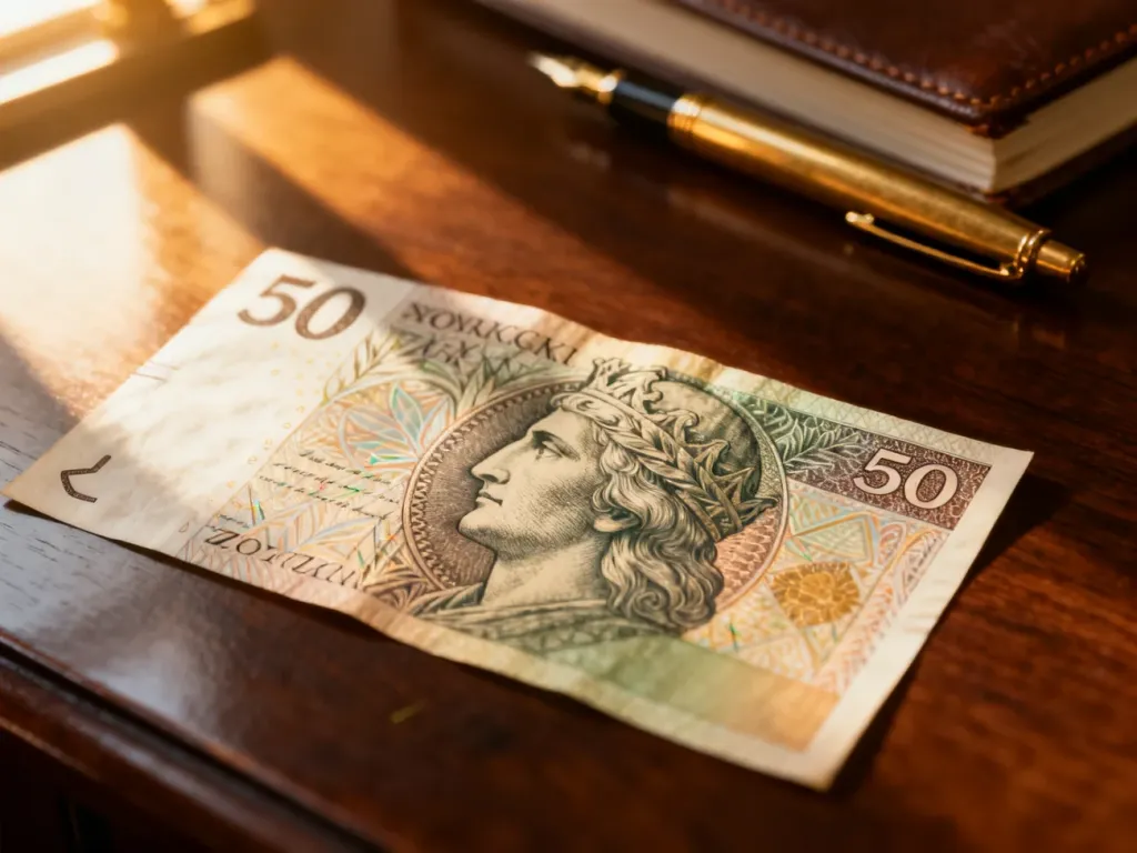 Zbliżenie na historyczny banknot 50-złotowy leżący na drewnianym biurku obok pióra wiecznego i notatnika.